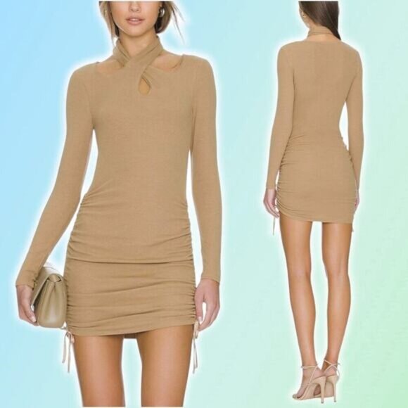 NWT HEARTLOOM Veronica Halter Cut Out Mini Dress Sz XS Camel - Picture 1 of 5